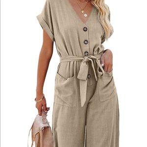 Women's V-Neck Short Sleeve Button Pocketed Wide Leg Jumpsuits Romper with Belt